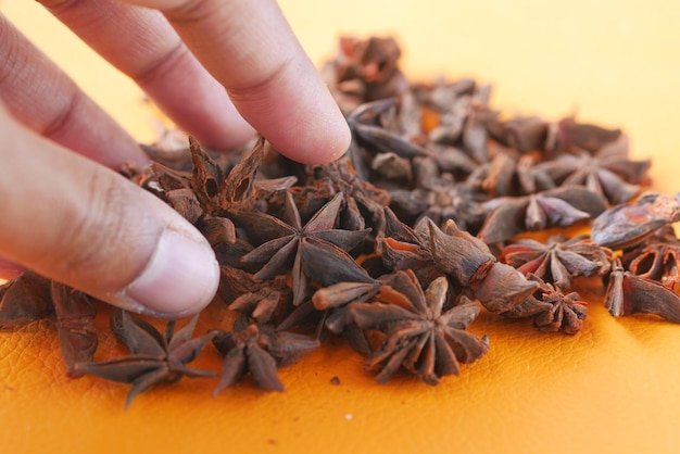 Many star anise fruit 0n table close pu