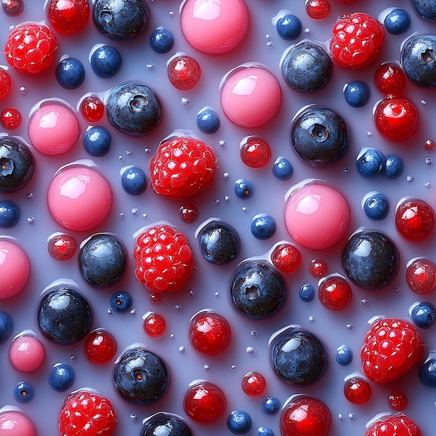 Photo many tiny fruits baby pink and blue minimal background