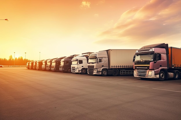 Many transport trucks parked at a service station at sunset Ai generative