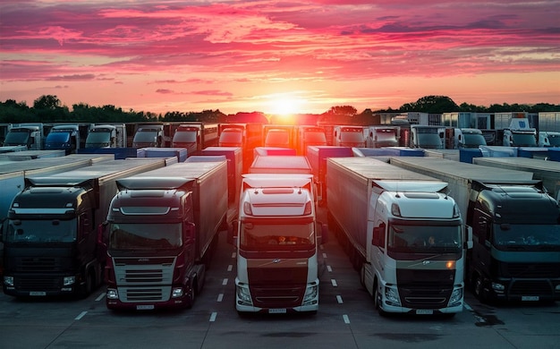 Many transport trucks parked at a service station at sunset by Generative AI image