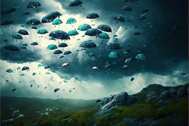 Many umbrellas flying in nature landscape in dramatic thunderstorm created with generative ai