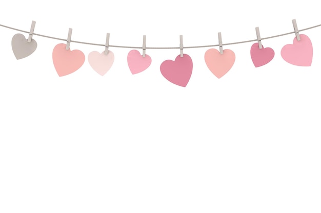 Many Valentine's Day Multicolor Heart Cards hanging on the Rope on a white background 3d Rendering