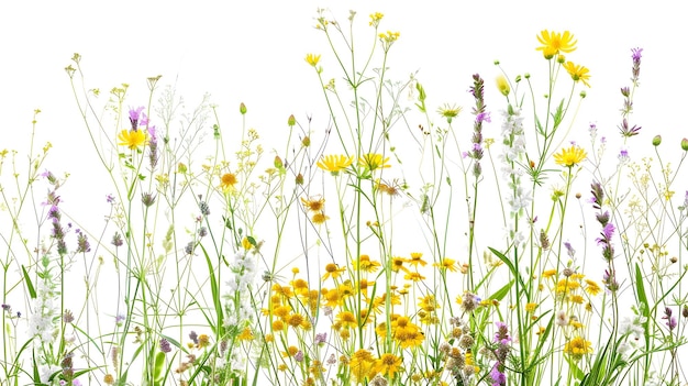 Many various stems of meadow grass with yellow white and purple flowers isolated on Generative AI