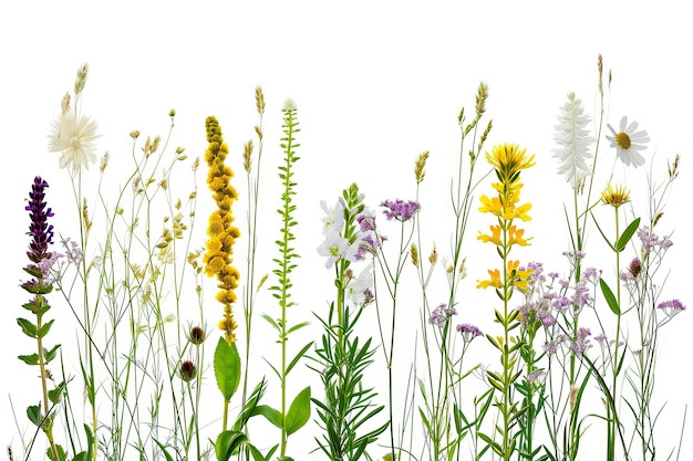 Many various stems of meadow grass with yellow white and purple flowers isolated on white background