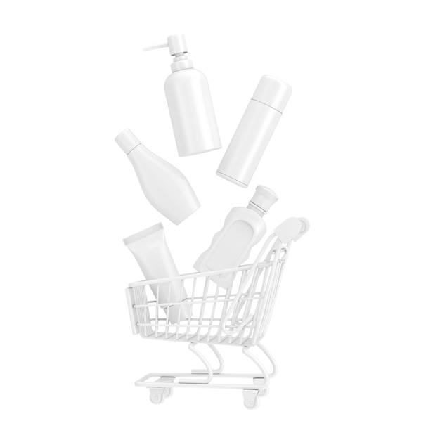 Many White Beauty Fashion Cosmetic Makeup Lotion Bottles Product with Skin Care and Healthcare Concept Falling in Shopping Cart in Clay Style 3d Rendering