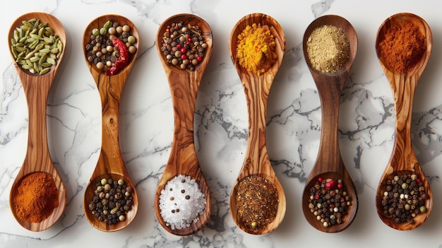 Photo many wooden spoons filled with spices on a marble table