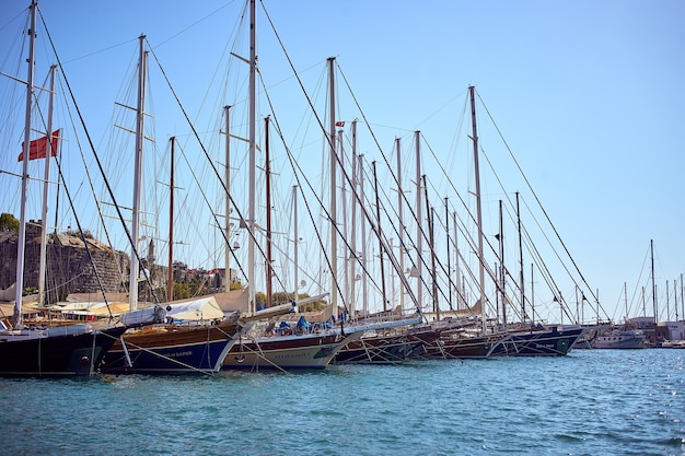 Many yachts and boats Bodrum marina view in a sunny summer day