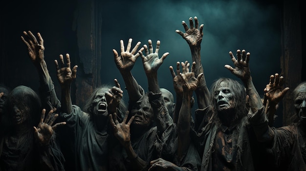 Many Zombie hands on the dark background Generative Ai