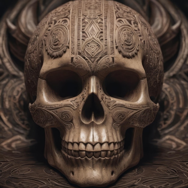 Maori skull cinematic photo intricate carvings cultural beauty