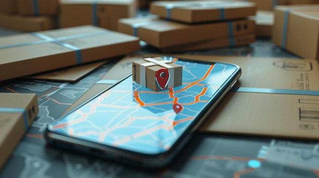 Photo a map app on a smartphone with a package icon resting among numerous cardboard boxes visualizes efficient logistics and modern delivery systems