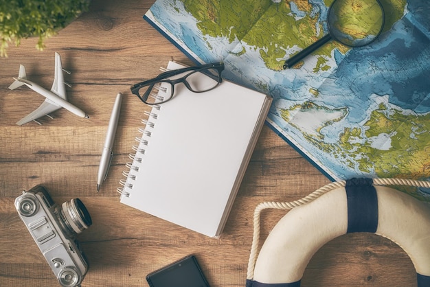 Map and camera on table