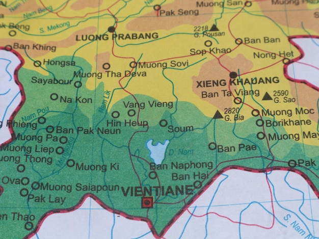 Photo map of the city of vientiane and surrounding cities the capital of the country of myanmar