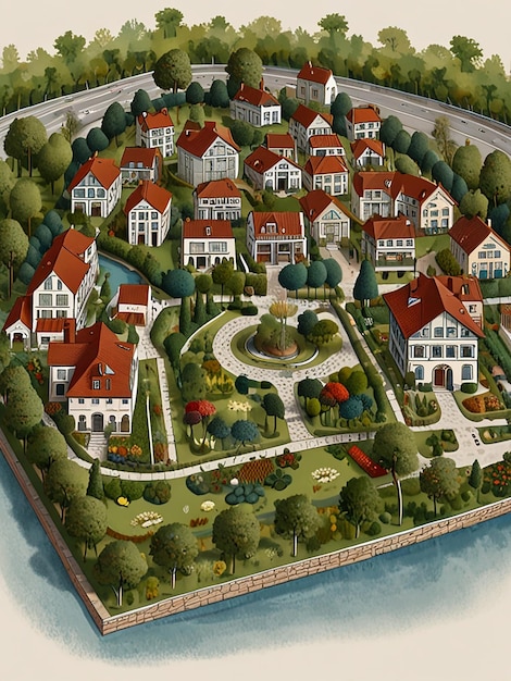 A map of a city with a garden and a house