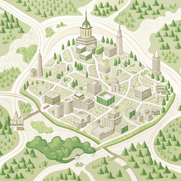 a map of a city with a green roof and trees on it