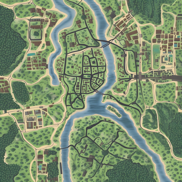 a map of a city with a river and a city in the background