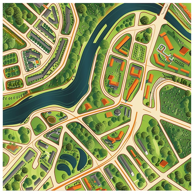 a map of a city with a river and trees