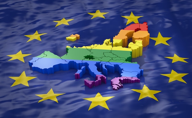 Map of Europe in LGBT colors against the background of the EU flag. 3D rendering.