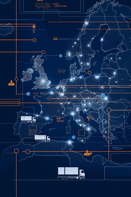 Photo a map of europe with a network of connected lines and dots representing transportation routes the map is on a dark blue background