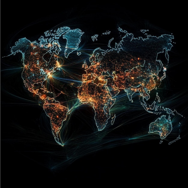 A map of global social media usage highlighting connected regions across the world