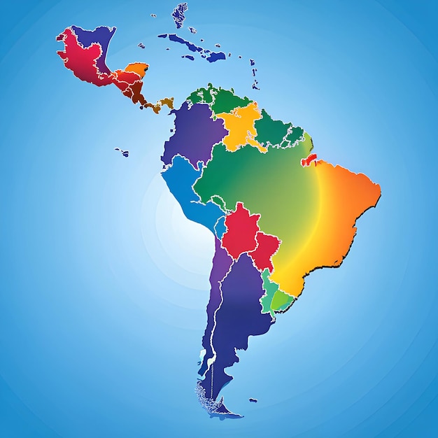 Map of Latin America with different colors cultural icons representing each country