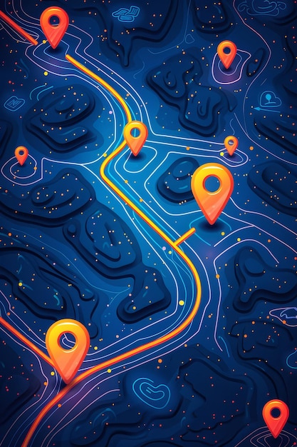 Map markers on abstract blue background illustration A digital artwork featuring glowing map markers