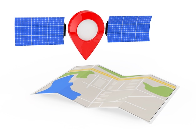 Map Pointer Pin as Satelite over Folded Abstract Navigation Map on a white background. 3d Rendering