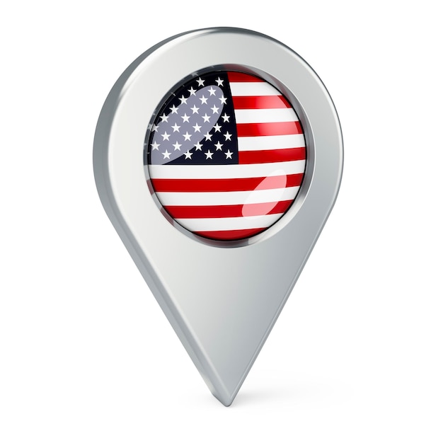 Map pointer with flag of the United States 3D rendering isolated on white background