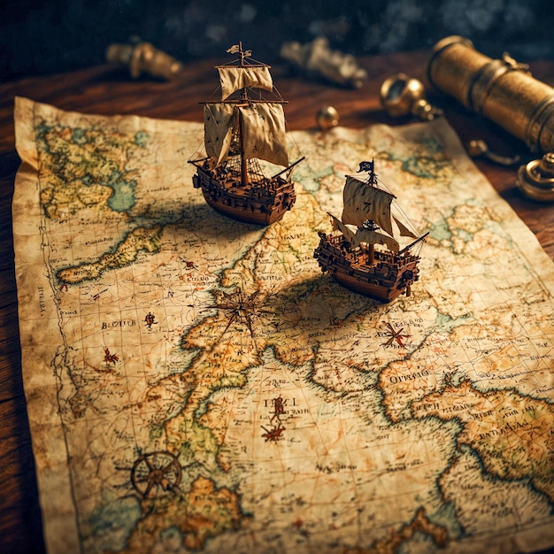 a map of a ship and a ship on a table