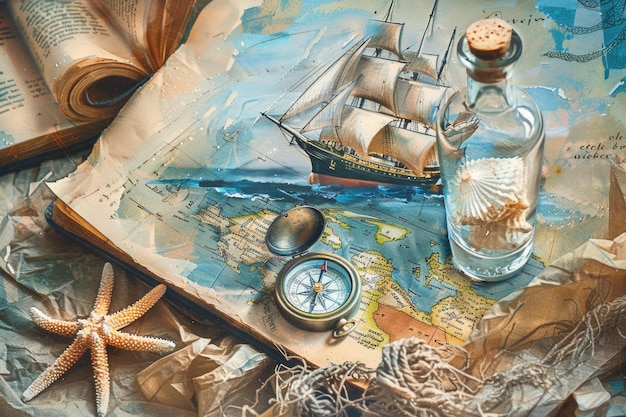 Map with compass and ship navigation