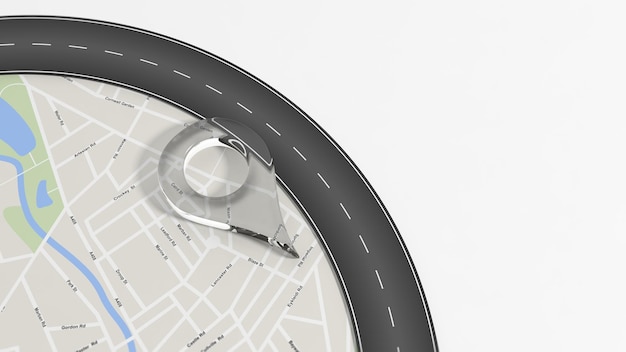 Map with zoom on road with turn and big glass pointer isolated on white with copyspace