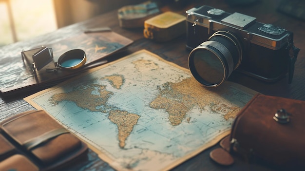 a map of the world and a camera on a table