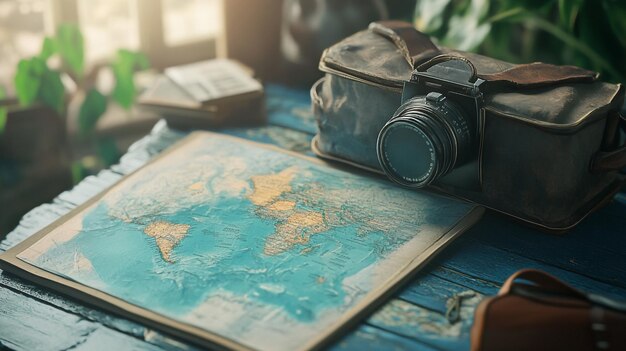 a map of the world and a camera on a table