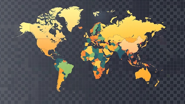 A map of the world in a golden gradient with a dark background The countries are outlined in a darker shade of gold