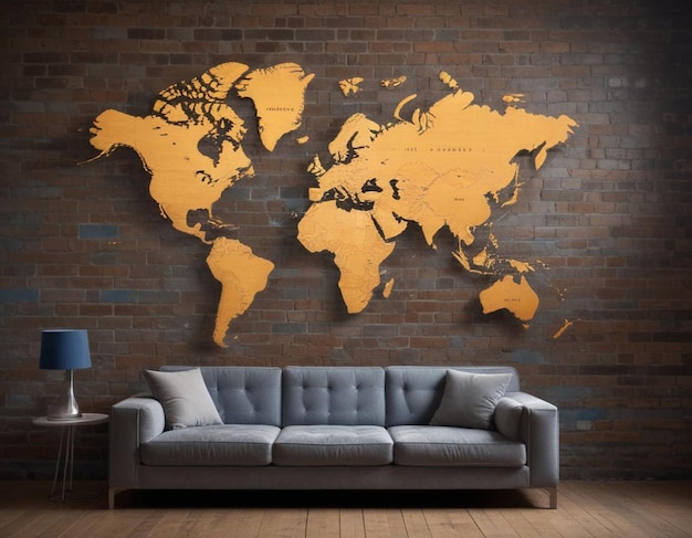 a map of the world is on a brick wall