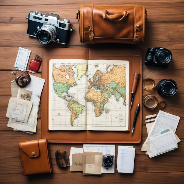 a map of the world is on a table with a camera and a camera