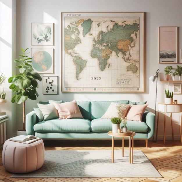 Photo a map of the world is on the wall above a couch