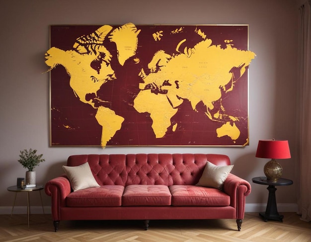 a map of the world is on a wall above a couch