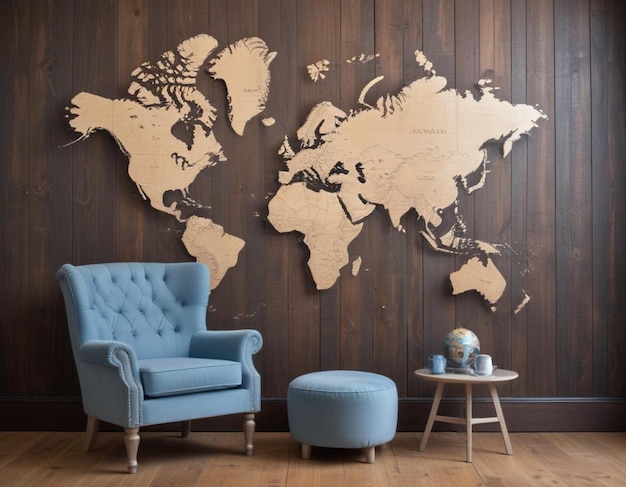 a map of the world is on a wall