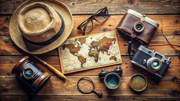 Photo a map of the world is on a wooden table