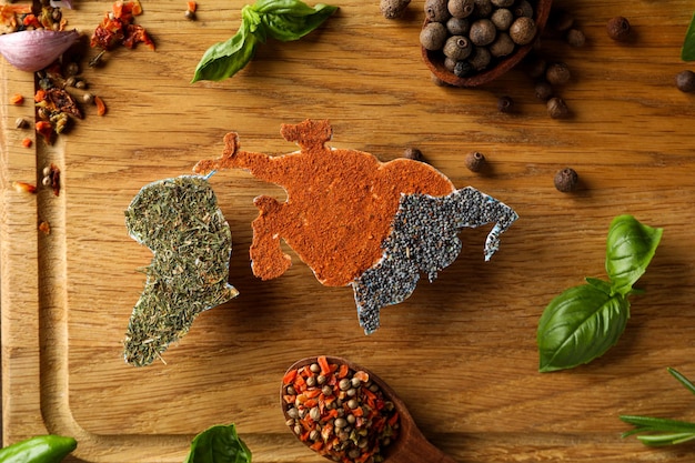 Map of world made from different cooking ingredients