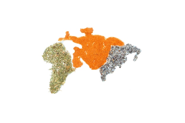 Map of world made from different kinds of spices isolated on white background