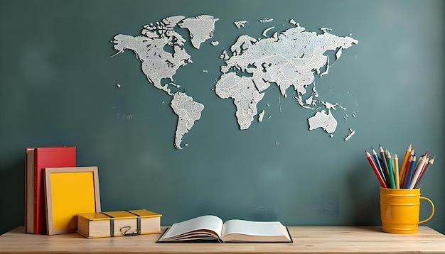 a map of the world on a wall with a book on it