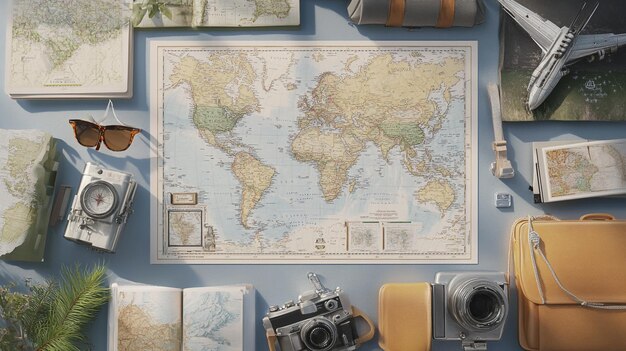 Photo a map of the world with a camera and a camera on it