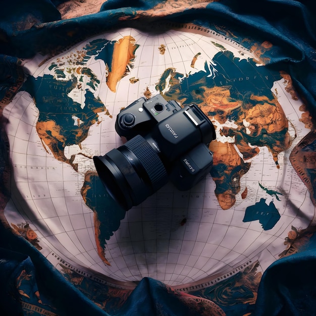 Photo a map of the world with a camera on it