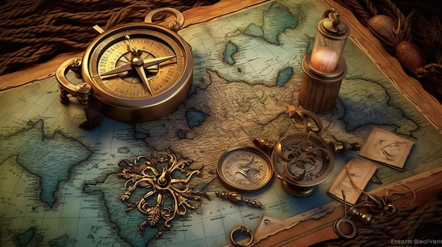 A map of the world with a compass and a compass.