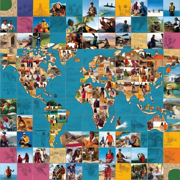 Photo a map of the world with many pictures of people and the world