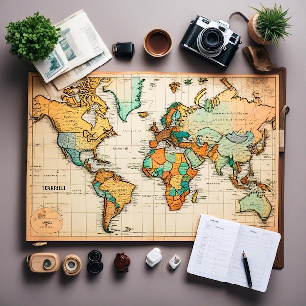 a map of the world with a pen and a book on it