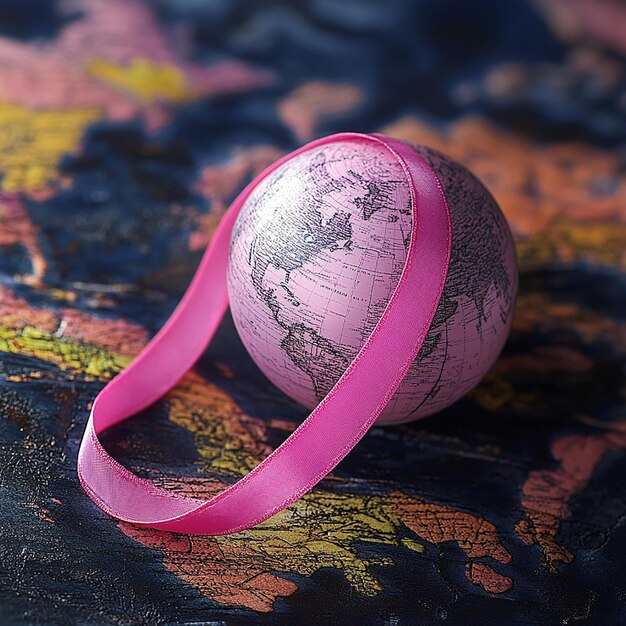 Photo a map of the world with pink ribbon and the word world on it