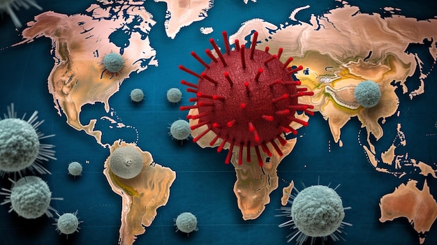 A map of the world with a virus on it