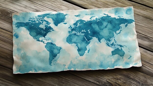 Photo map of the world with watercolor on it